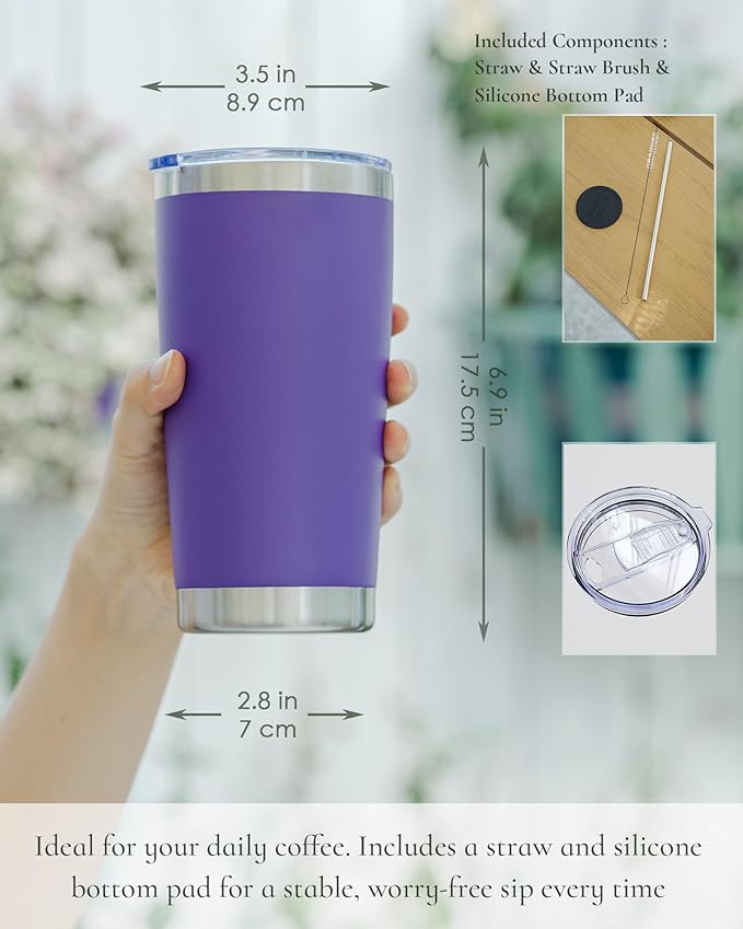 Travel Coffee Tumbler 20oz, 8 Pack Leakproof Travel Coffee Mug with Lid and Straw, Stainless Steel Double Wall Vacuum Insulated Tumbler for Hot/Iced Drinks (Textured Matte, Periwinkle) - Bloomnest