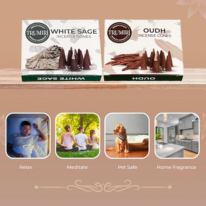 Incense Cones - Combo Pack of 20 Cone Incense - 10 White Sage + 10 Oud - Insence Cones - Incense Cones Scented - Cone Incense Scents - Insense Cones - Incent Cone TRUMIRI