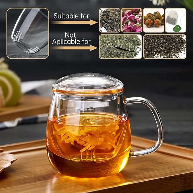 Glass Teacups 2 Pack Glass Tea Cup with Infuser and Lid, 17.6oz/520ml Large Borosilicate Teacup,Tea Clear Mug Cup for Loose Leaf Blooming Tea, Microwave & Dishwasher Safe - Bloomnest