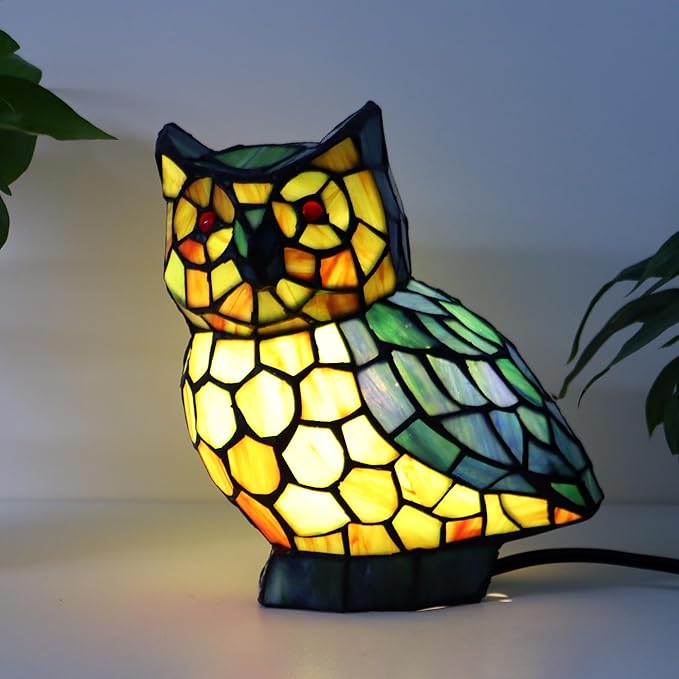 Tiffany Owl Lamp Blue and Green Stained Glass Animal Table Lamp Accent Lamp - Bloomnest
