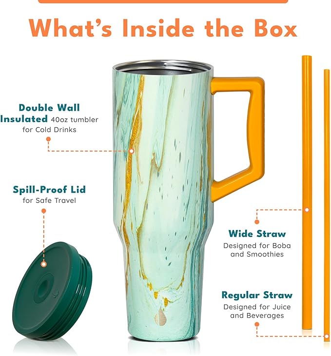 Elemental 40 oz Tumbler with Handle and Straw - Spill Proof Insulated Stainless Steel Commuter for Hot and Cold Beverages - Travel Coffee Mug with 2 Straws & Spill Proof Lid - 40oz - Aurora Glow - Bloomnest