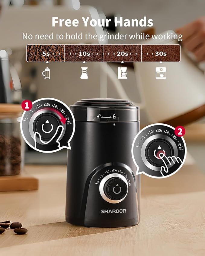 SHARDOR Electric Super Silent Blade Coffee Grinder, Timed Grind Control Rotary Knob, Adjustable Coarse to Fine for Coffee Beans, Spices & Herbs, Black - Bloomnest
