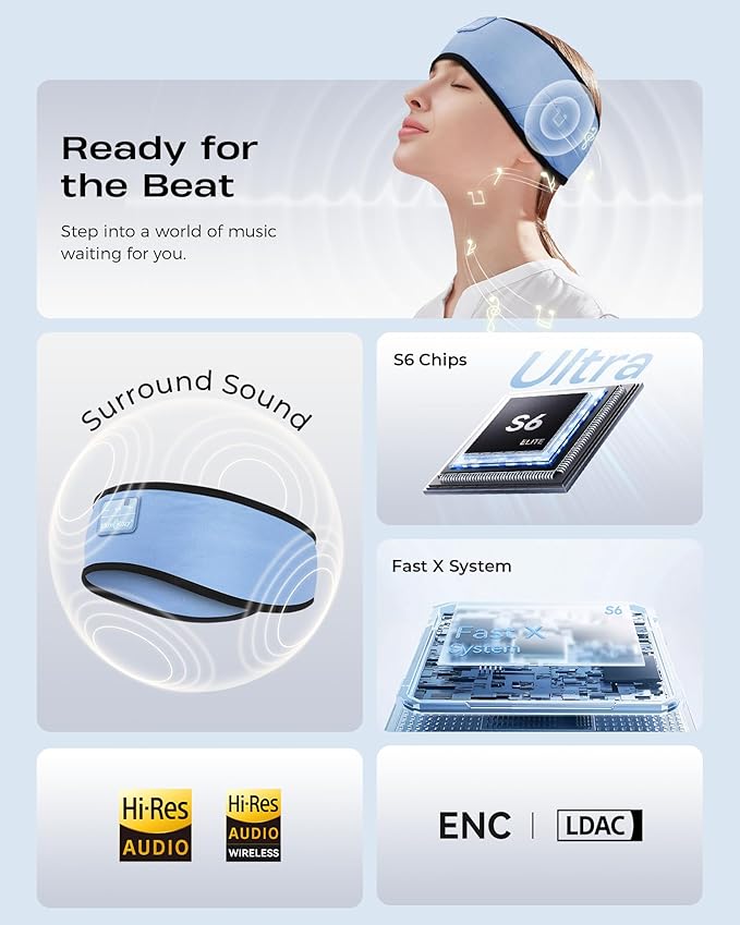 MUSICOZY Sleep Headphones Soft Bamboo Cotton Headband Headphones for Sleeping, Sleep Headphone Wireless Bluetooth 5.4 with Ultra-Thin HD Stereo Speaker for Unique Gifts(Light Blue) - Bloomnest