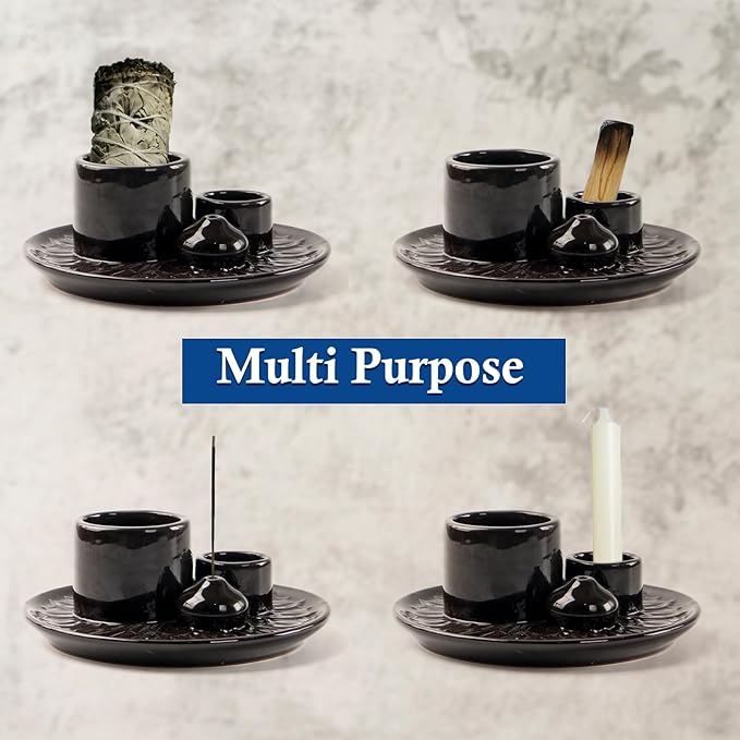 4 in 1 Ceramic Incense Holder, Palo Santo Stick Holder, Sage Holder for Burning, 5.2" Ash Catcher Tray for Meditation, Yoga & Home Decor (Black)