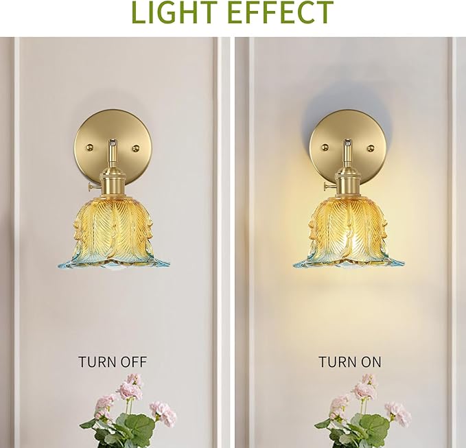 Vintage Wall Sconces Set of 2, Lily Yellow Lampshade & 180 Degree Adjustable, Brass Wall Lights, for Bedroom Living Room Hallway Aisle, Bulbs Not Included, ETL Listed - Bloomnest