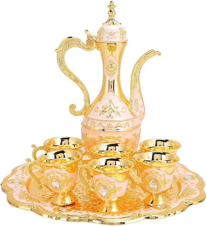 Vintage Turkish Coffee Pot Set, Turkish Tea Set with 6 Coffee Cups, Golden Wine Decanter and Glasses Set, Turkish Copper Coffee Cup Set for Home Tea Party(Pink) Tea - Bloomnest