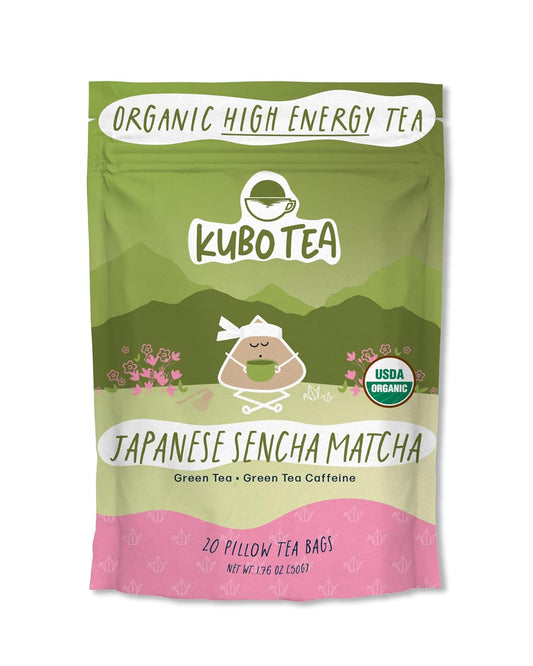 Kubo Tea Japanese Sencha Matcha Tea - Organic High Caffeine Energy Blend w/ Matcha Powder - 20 Pillow Tea Bags (140mg Caffeine each) - Coffee Substitute for Hot & Iced Drinks, Biodegradable & Compostable Packaging