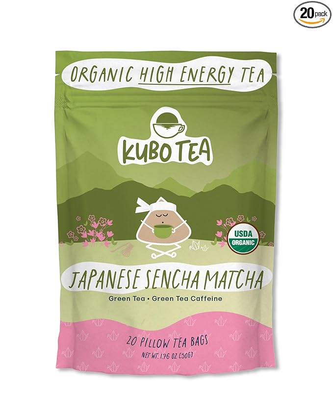 Kubo Tea Japanese Sencha Matcha Tea - Organic High Caffeine Energy Blend w/ Matcha Powder - 20 Pillow Tea Bags (140mg Caffeine each) - Coffee Substitute for Hot & Iced Drinks, Biodegradable & Compostable Packaging - Bloomnest