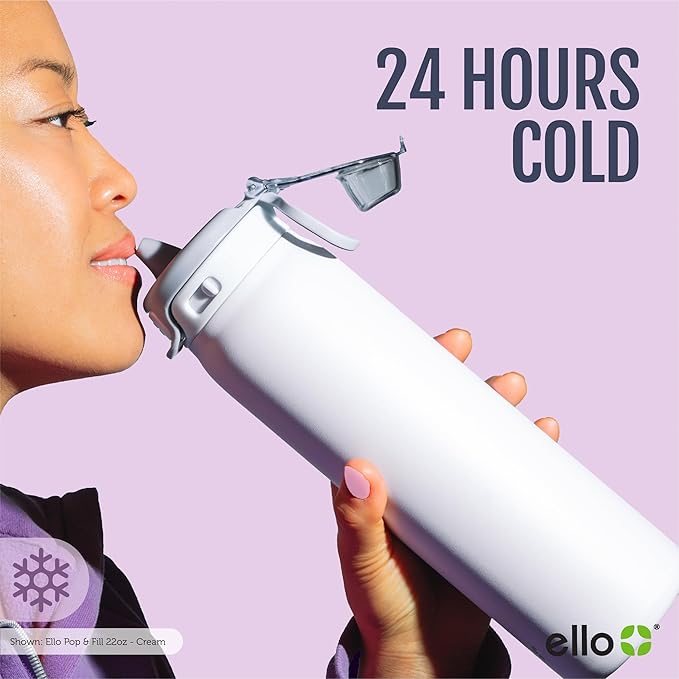 Ello Pop & Fill Insulated Stainless Steel Water Bottle with Quick Fill Lid, Leakproof Locking, Sip or Chug Spout, BPA-Free, Double Wall Vacuum Insulated for Sports, Travel & School- 22oz / 32oz / 40oz Ello