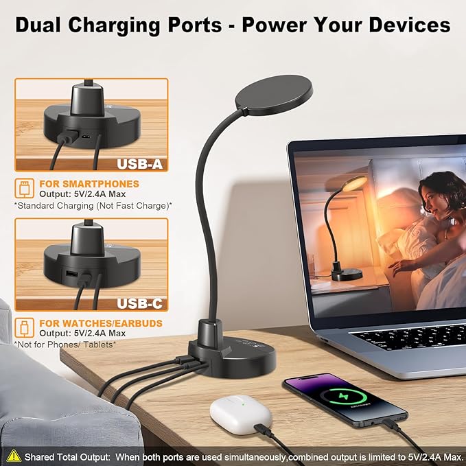 15W LED Desk Lamp with USB Charging Ports – Dimmable Table Lamp with 3 Color Temps, 5 Brightness, 4 Timers, Flexible Gooseneck Light with Base, Eye-Caring Reading Light for Home Office, Bedroom, Study - Bloomnest