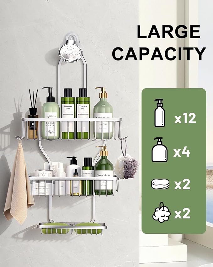 Shower Caddy Hanging - Never Rust Shower Hanging Organizer - Aluminum Over the ShowerHead Caddy with Soap Basket and 6 Hooks for Razor/Sponge (Frosted Silver) - Bloomnest