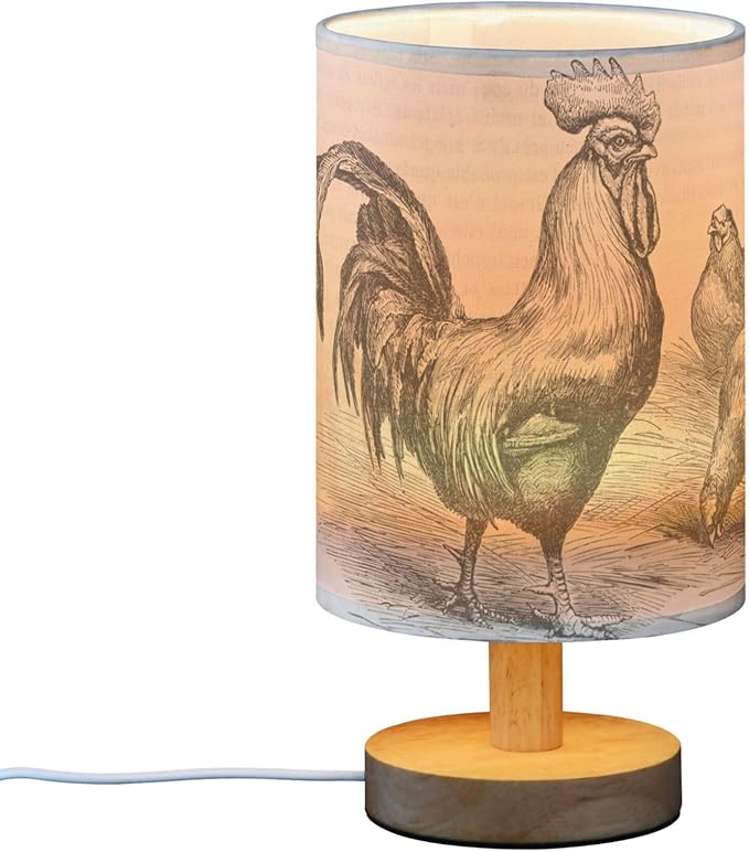 Table Lamp Retro Vintage Rooster Chicken Nightstand Lamp with Wood Base Fabric Lamp Shade Bedside Desk Lamp for Living Room Bedroom Kids Room Office - Bloomnest