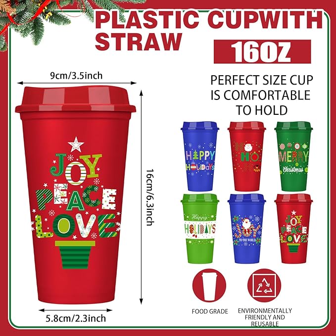 Pickmesh 12 Pack Christmas Reusable Coffee Cups Gift for Women 16 oz Coffee Cup Tumblers with Lid Plastic Cups Travel Mug Thank You Gifts for Hot and Cold Drinks(Novelty) - Bloomnest