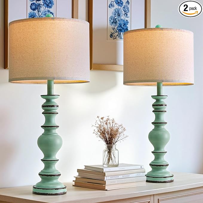 BOBOMOMO 27" Distressed Teal Table Lamps Set of 2, Large Coastal Farmhouse Resin Lamps with Linen Shades, Blue Green Lamps for Living Room, Bedroom, or Console Table Home Décor - Bloomnest