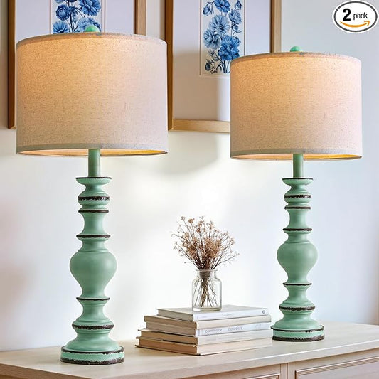 BOBOMOMO 27" Distressed Teal Table Lamps Set of 2, Large Coastal Farmhouse Resin Lamps with Linen Shades, Blue Green Lamps for Living Room, Bedroom, or Console Table Home Décor - Bloomnest