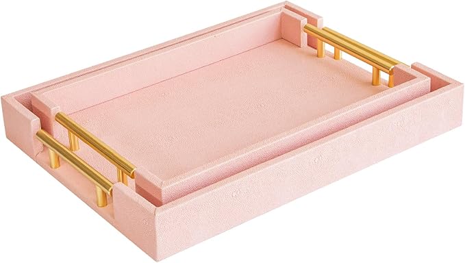 Modern Elegant Pink Faux Shagreen Leather Tray, Set of 2 Rectangle Serving Trays with Gold Polished Metal Handles, Ottoman Tray Coffee Table Perfume Kitchen Trays Home Decor - Bloomnest