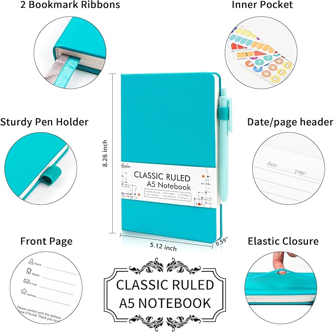 24 Pack Journal Notebook for Work, Feela Business Notebook Bulk Hardcover Lined Writing Journal with Pen Holder for Men Women Note Taking, with 24 Black Pens, 120 GSM, 5.1”x8.3”, A5, Emerald - Bloomnest