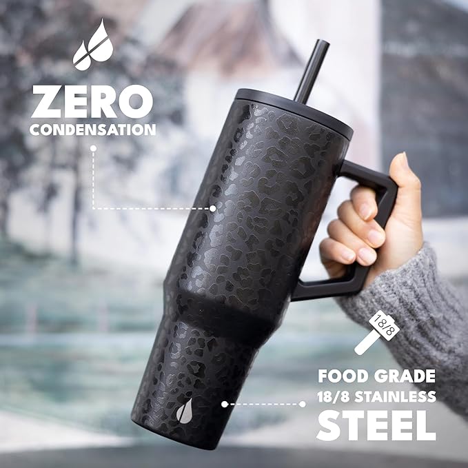 Elemental 40 oz Tumbler with Handle and Straw - Spill Proof Insulated Stainless Steel Commuter for Hot and Cold Beverages - Travel Coffee Mug with 2 Straws & Spill Proof Lid - 40oz - Black Leopard - Bloomnest