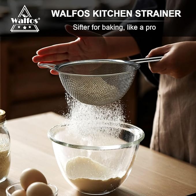 Walfos Fine Mesh Strainer and Fat Skimmer Spoon Set, Multipurpose Metal Strainers for Kitchen, Rice, Quinoa, Food, 304 Stainless Steel Fat Skimmer For Cooking, Fat, Grease, Floating Foam, 5 Pack - Bloomnest
