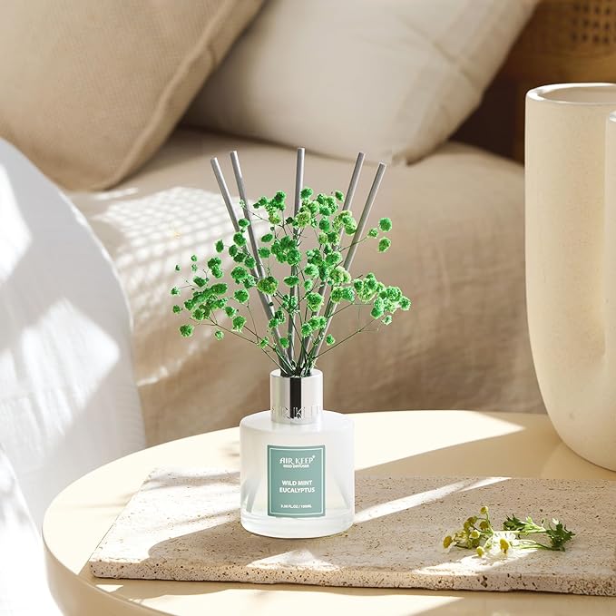 Airkeep Reed Diffuser Set,3.38 fl oz (100 ml) - Wild Mint&Eucalyptus Oil Diffusers with 8 Reed Sticks, Home Fragrance Reed Diffuser for Bathroom Shelf Decor - Bloomnest