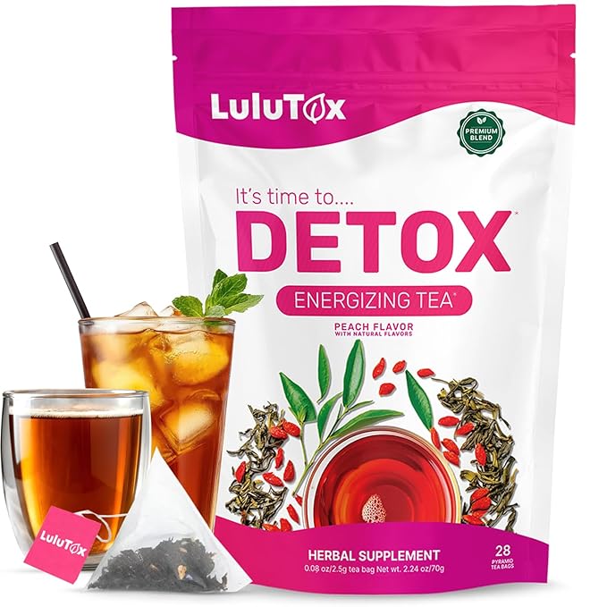 LULUTOX Detox Tea - Slimming Tea with Dandelion and Ginseng to Support Goals for Detox Cleanse, Flat Belly, Bloating, Healthy Weight and Digestive Health - Women & Men - Peach Flavor (28 Servings) - Bloomnest