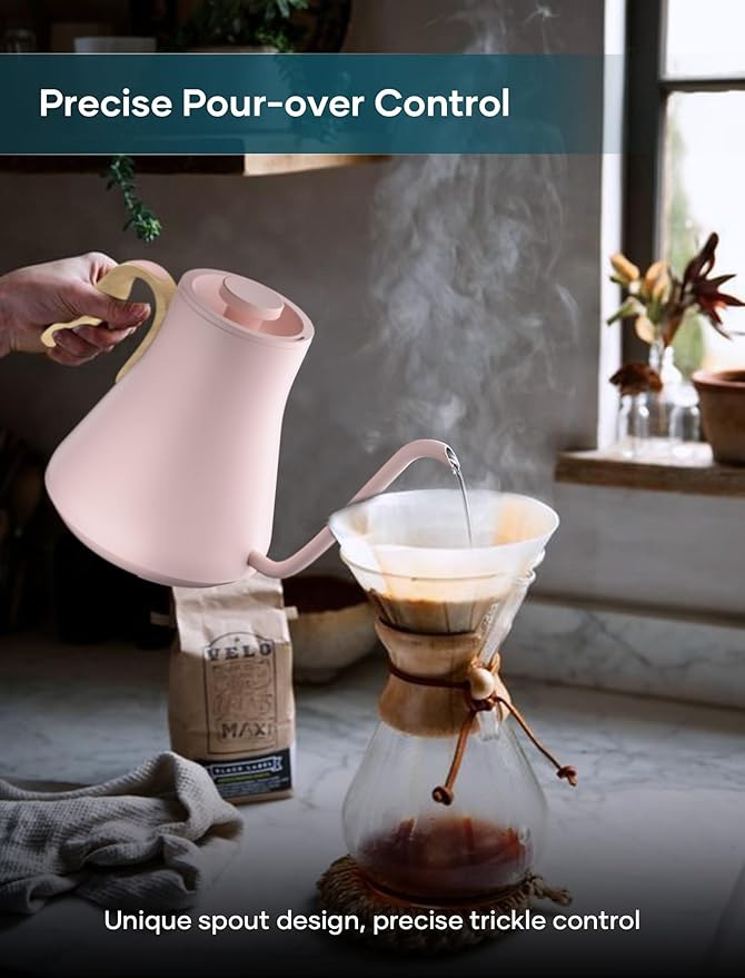 Gooseneck Electric Kettle with ±1℉ Temperature Control for Pour Over Coffee & Tea, Quick Heating, BPA-Free Stainless Steel, Built-in Brew Timer, 1500W/0.9L (Petal Pink) - Bloomnest