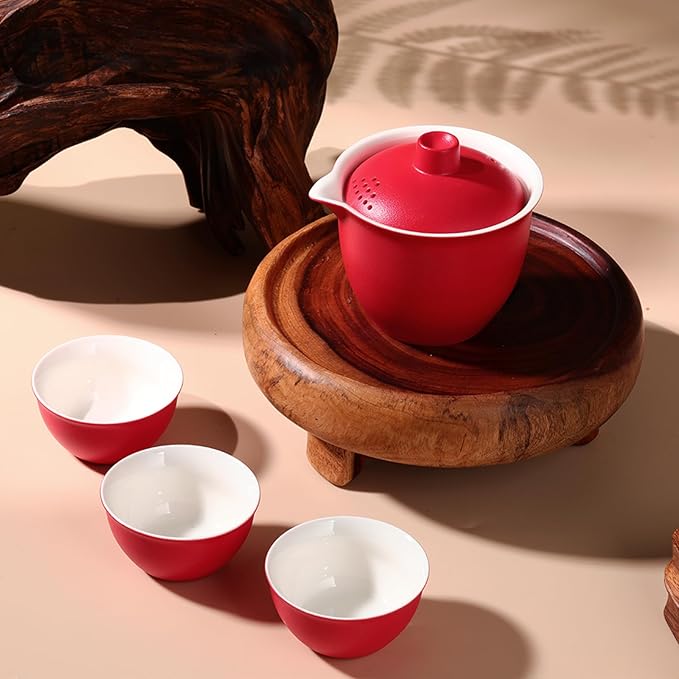 Porcelain Chinese Gongfu Tea Sets for Adults Ceramic japanese Tea Set Portable Kungfu Gaiwan Teapot and Cup Set Small Travel Teaset with Lid for Home Gifting Outdoor and Office (Red) - Bloomnest