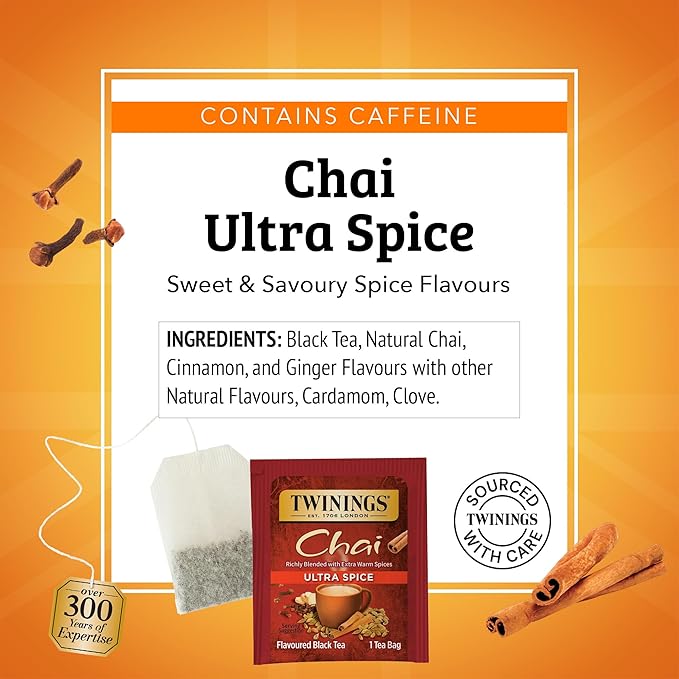 Twinings Ultra Spice Chai Black Tea Individually Wrapped Bags, 20 Count (Pack of 1), Sweet, Savoury Spices, Caffeinated, Enjoy Hot or Iced, 20 Teabags - Bloomnest