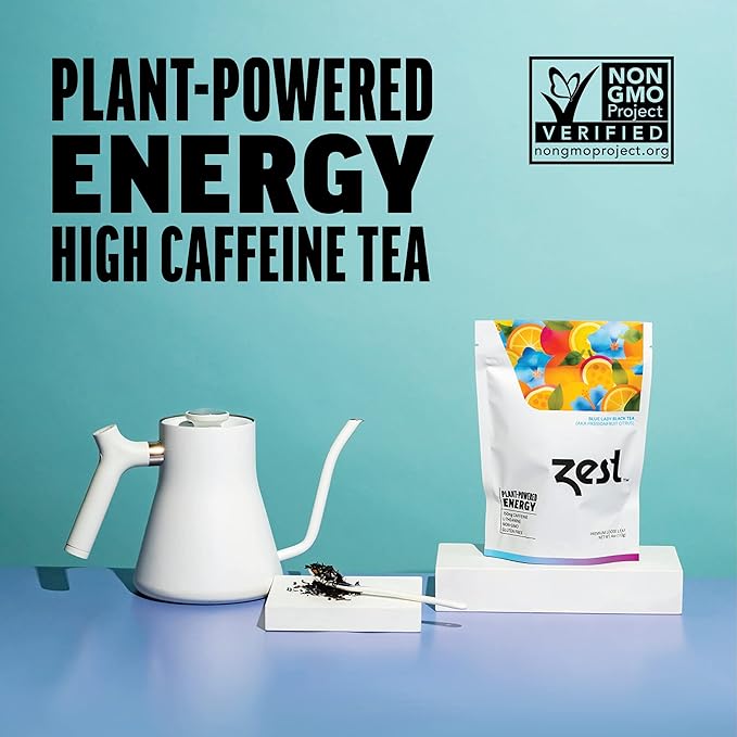 Zest 150mg High Caffeine Energy Loose Leaf Blend - Blue Lady Black Tea - 4 Oz - Hot or Iced - All Natural Strong Flavored Healthy Coffee Alternative Highly Caffeinated Substitute - Perfect for Keto - Bloomnest