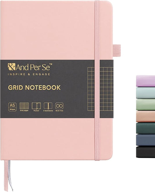 &And Per Se Graph Journal Notebook, 160 Pages, A5 5.7 x 8 inches 100 gsm Thick Paper Notebook Journals for Writing, Grid Hardcover Notebook(1 Pack, Pink)