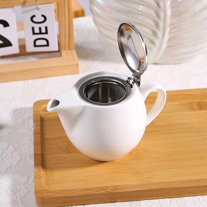 Small Ceramic Teapot With Stainless Steel Infuser For Loose Tea And Blooming Tea, Heat Resistant Ceramic Tea Pot And Tea Kettle, Perfect Tea Maker, White Teapot 350ml/12.0oz