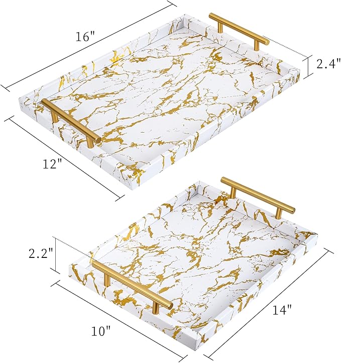 Modern Decorative Tray Set of 2 - White and Gold Marble Wood Serving Tray with Gold Polished Metal Handles for Ottoman, Coffee Table, Bathroom and More - Bloomnest