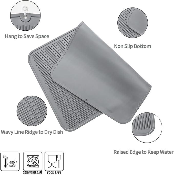 Silicone Dish Drying Mat for Multiple Usage,Easy clean,Eco-friendly,Heat-resistant Silicone Mat for Kitchen Counter or Sink,Refrigerator or Drawer Liner Grey 3XL 28 inches x 18 inches - Bloomnest