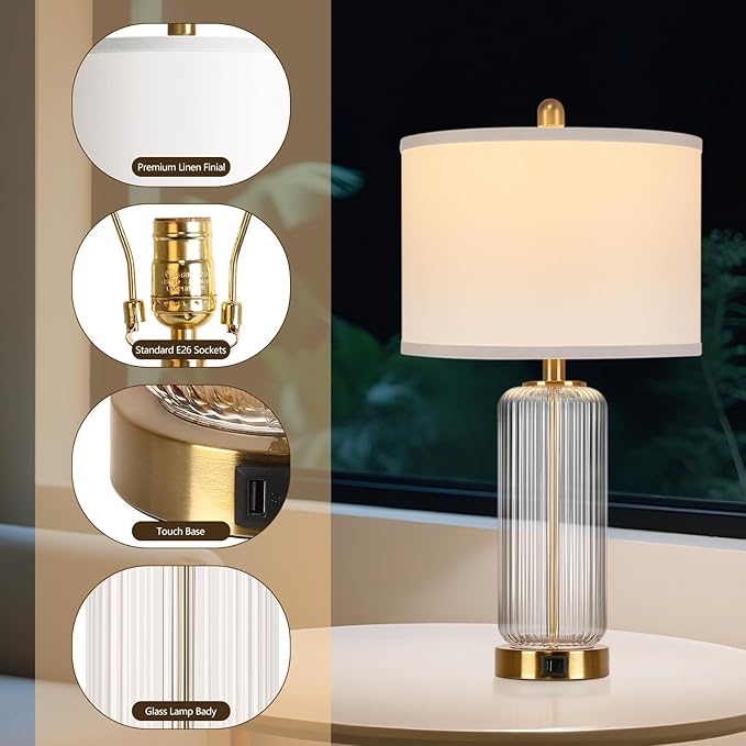 Table Lamps Set of 2 with Touch Control, 27" Modern Glass Bedside Lamps with USB A+C Ports, 3-Way Dimmable Nightstand Lamp with Vertical Grained Glass, Bedside Table Lamps, Desk Lamp for Bedroom - Bloomnest
