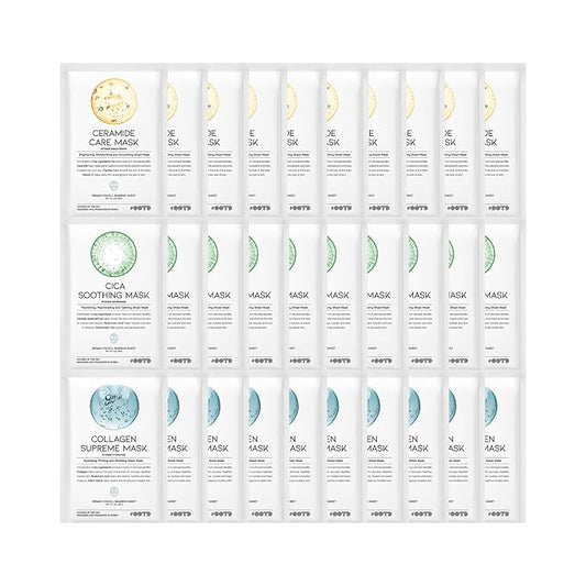 #OOTD Hydrating Soothing Sheet Masks Gift Set for Skincare, Korean Vegan Sheet Mask for Dry, Sensitive Skin, Calming, Smoothing, Brightening, Collagen, Ceramide, Cica, Hyaluronic Acid 30EA