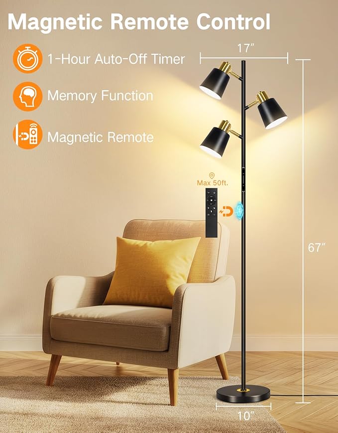 OUTON LED Tree Floor Lamp, Modern Dimmable Standing Lamp with Remote & Touch Control, 4 Color Temperatures, 3 Rotatable Lights Floor Lamps for Living Room, Bedroom, Office, Black & Gold - Bloomnest