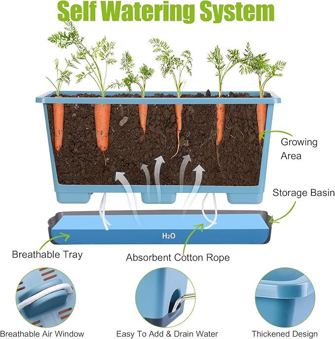 Window Box Planter 6 Pcs, 17 Inches Rectangle Flower Pots with Drainage Holes and Trays, Vegetable Planters for Windowsill Patio Garden Balcony Indoor Outdoor (Blue, 17 * 7.4 * 7.8 inch) - Bloomnest