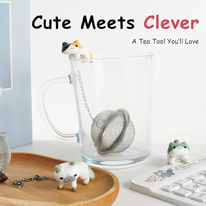 Calico Cat Tea Infuser Set - Adorable Tricolor Kitty Hook, Fine Mesh Loose Leaf Tea Steeper, Stainless Steel, No Mess, 1 Pack (Cat Lounging in Green and White)