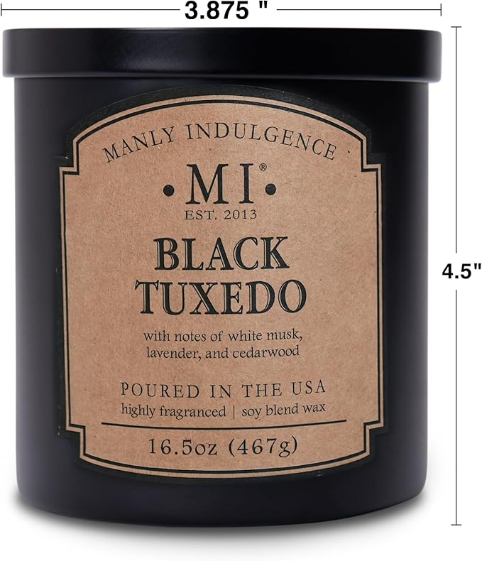Manly Indulgence Black Tuxedo Candles for Men, 2 Wick, 16.5 oz, Premium Soy Blend Wax, 60H Burn, Candles for Home Scented - Made in The USA - Bloomnest