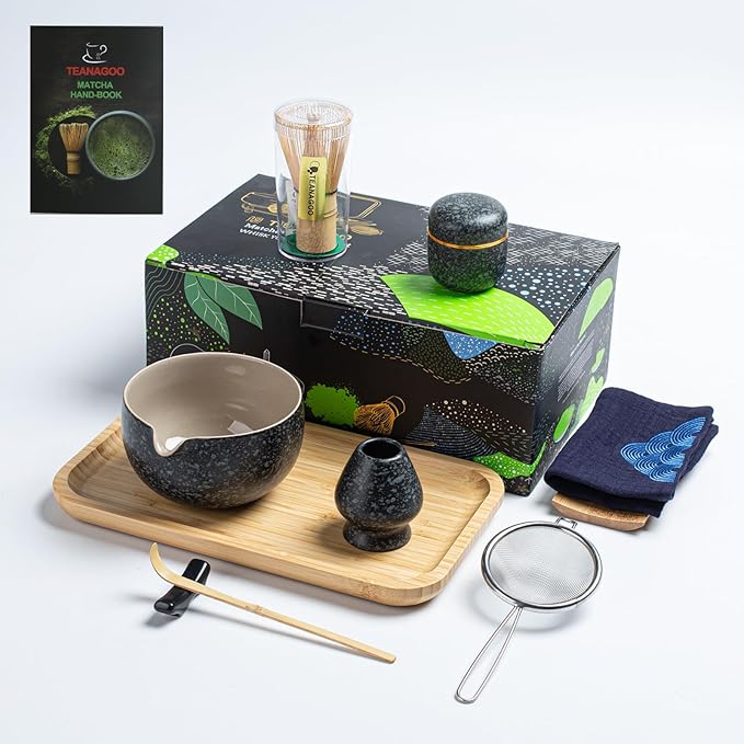 TEANAGOO Matcha Whisk Set,10 Pcs Complete Set Black,Matcha Kit for Ceremony,Matcha Tea Set with Tray,Matcha Whisk Set and Ceramic Bowl with Scoop&Sifter&Powder Jar,Gift for Matcha Lover - Bloomnest