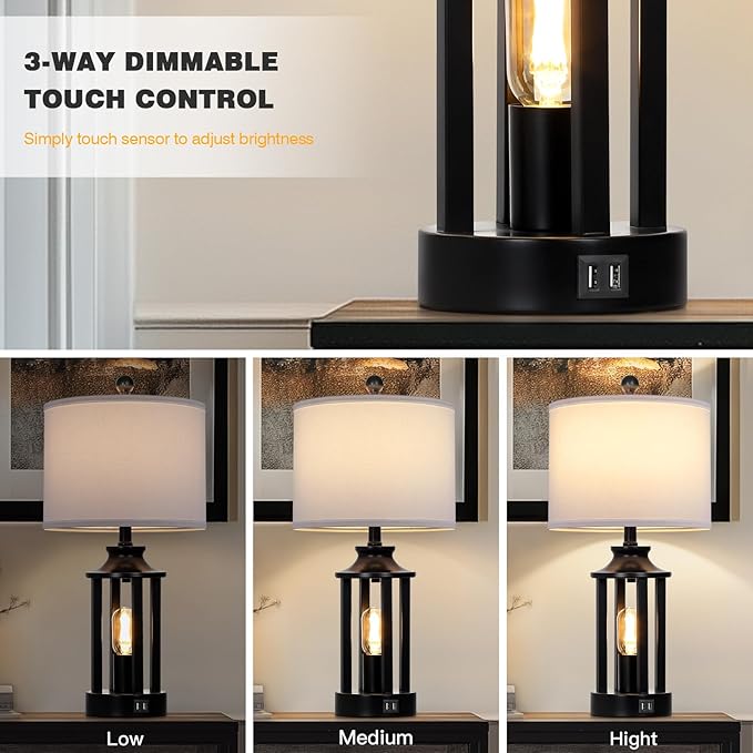 Black Living Room Lamps Set of 2, 3 Way Dimmable Touch Control Farmhouse Table Lamps with 2 USB Ports, Retro Bedside Lamp with 2 LED Nightlight,Rustic Bedroom Lamp for Nightstand(4 LED Bulbs Included) - Bloomnest