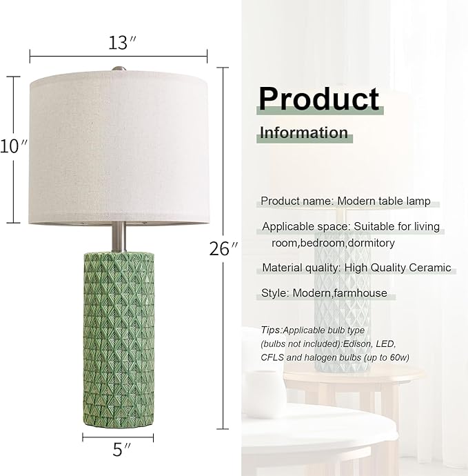 26" Tall Table Lamp for Living Room -Green Lamps Set of 2 Modern Ceramic Lamps for Night Stands, Bedside Lamp for End Tables, Nightstand Lamps for Bedroom - Bloomnest