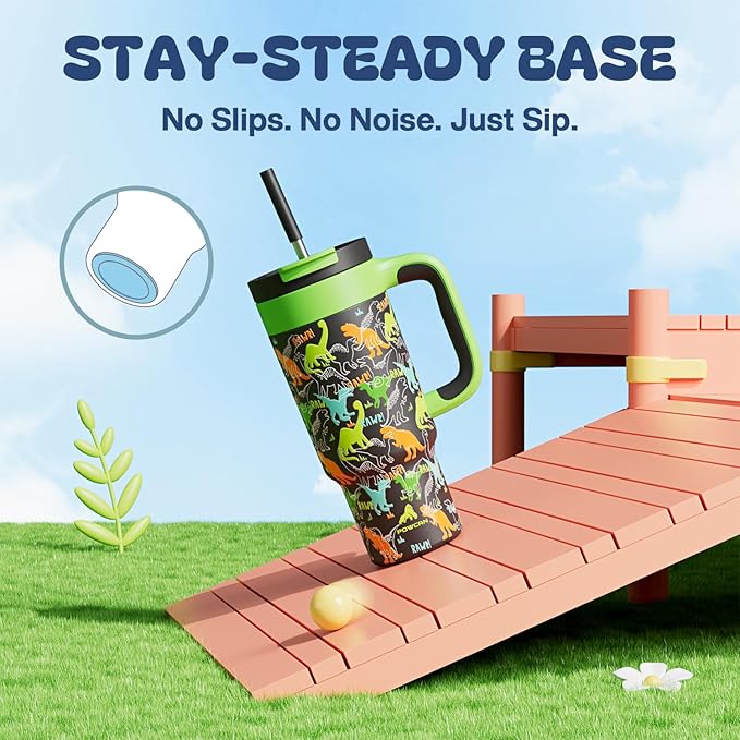 24 oz Kids Tumbler with Straw for Boys: Leakproof, Cold for 26 Hrs, Hot for 10 Hrs, Durable Handle, Insulated Stainless Steel Cup for Daycare, School, Classroom, Playtime, Birthday, Gift (Dino Rawr） - Bloomnest