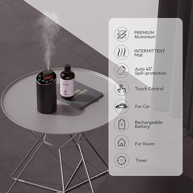 Waterless Essential Oil Diffuser Aromatherapy Scent Diffusers for Home Large Room, Bedroom, Car, Office, Desk, Battery Operated Mini Portable Air Freshener, 3 Countdown Timers & 3 Mist Levels - Bloomnest