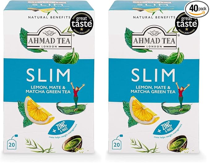 Ahmad Tea Green Tea, Lemon, Mate, & Matcha 'Slim' Natural Benefits Teabags, 20 ct (Pack of 2) - Caffeinated & Sugar-Free - Bloomnest