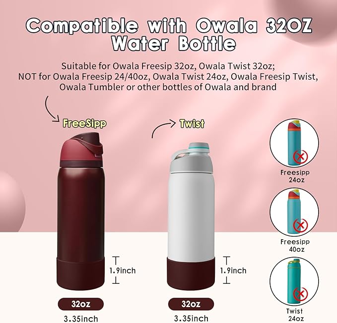 2PCS Silicone Water Bottle Boot, Compatible with Owala 24oz 32oz 40oz, Protective Anti-Scratch & Anti-Dent No Noise Sleeve Cover for FreeSip/Twist/Flip Water Bottles (Black Cherry, 32oz) BKBY