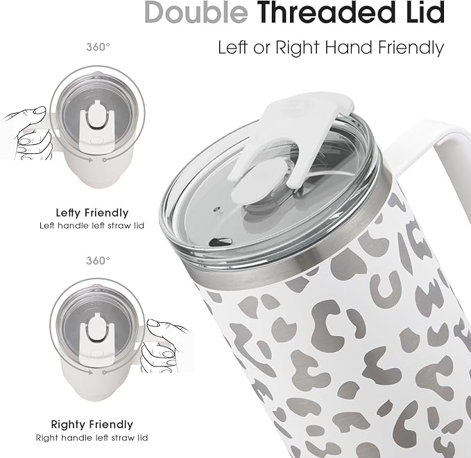 COKTIK 40 oz Tumbler With Handle and Straw Lid, Vacuum Insulated Travel Coffee Mug Stainless Steel Insulated Cup for Beverages, Leak-proof, Cupholder Friendly (Cream White Leopard) - Bloomnest