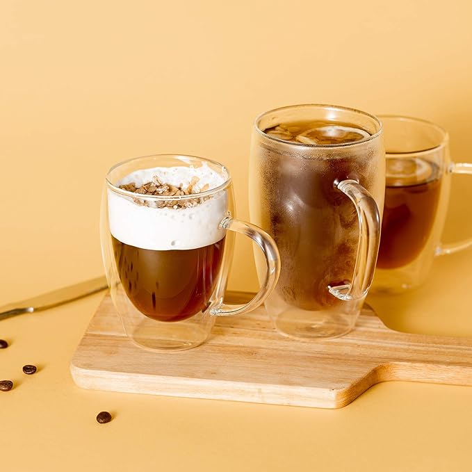 MEWAY 16oz/2 pack Coffee Mugs,Thickened Clear Glass Double Wall Cup with handle for Coffee, Tea, Latte, Cappuccino (16 oz，2) - Bloomnest