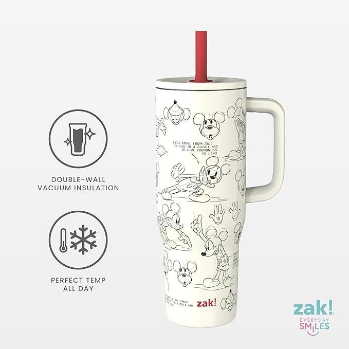 Zak Designs Disney Sutton Travel Tumbler for On the Go, 30oz Stainless Steel with Vacuum Insulation, Silicone Straw, and Carry Handle for Cold Drinks (Mickey Mouse Sketch) - Bloomnest