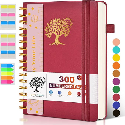 Spiral Notebook Journal for Women Men, 300 Numbered Lined Pages, College Ruled, A5 Hardcover Spiral Bound Notebook for School, Work, Note Taking Writing, Leather Spiral Journal Medium 5.9"x8.5" - Bloomnest